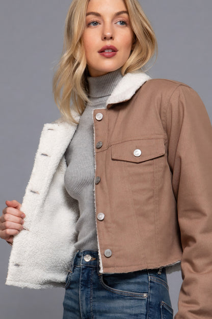Sherpa Button Closure Twill Jacket