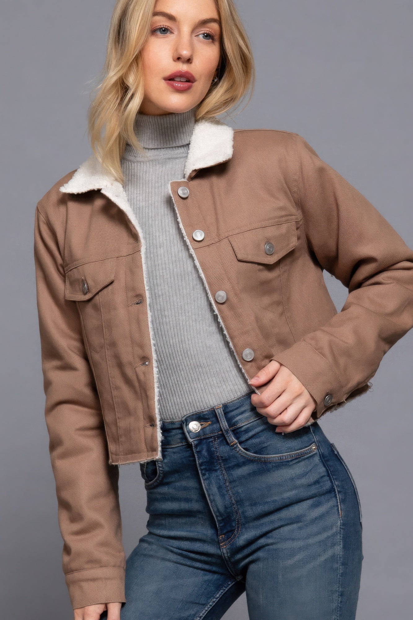 Sherpa Button Closure Twill Jacket
