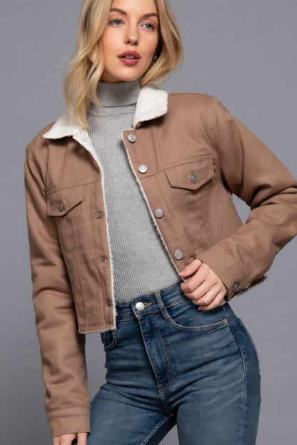 Sherpa Button Closure Twill Jacket