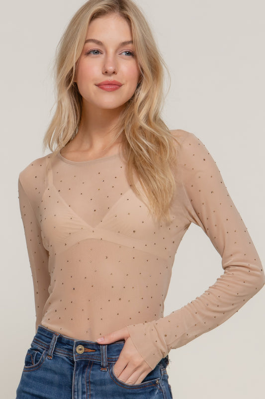 Long Sleeve Mesh Rhinestone Top