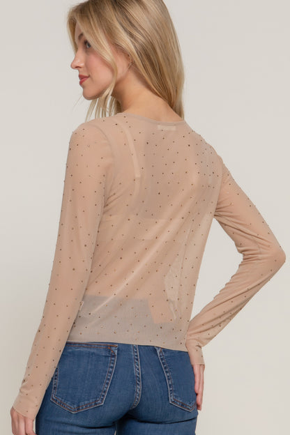 Long Sleeve Mesh Rhinestone Top