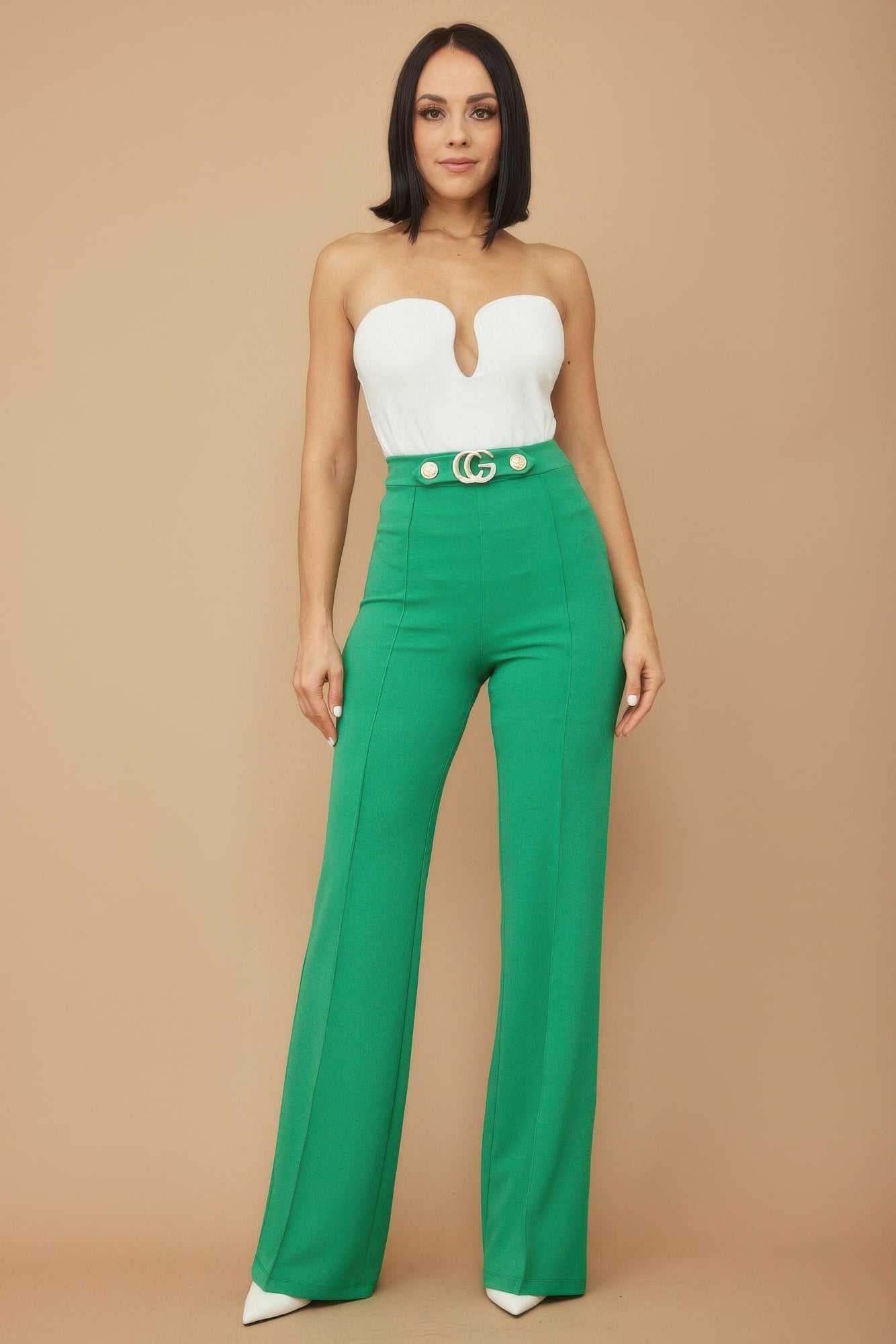 Gold Buckle And Button Detail Pants