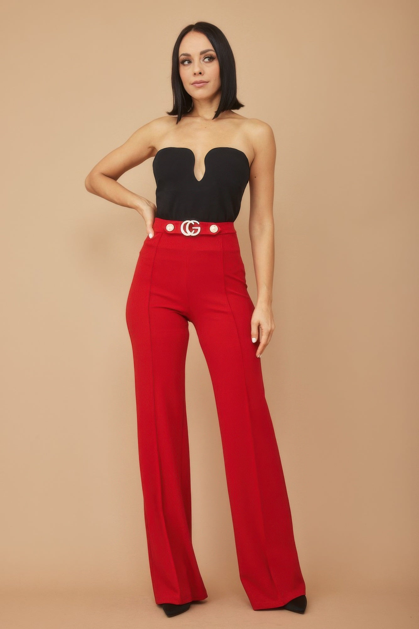 Gold Buckle And Button Detail Pants