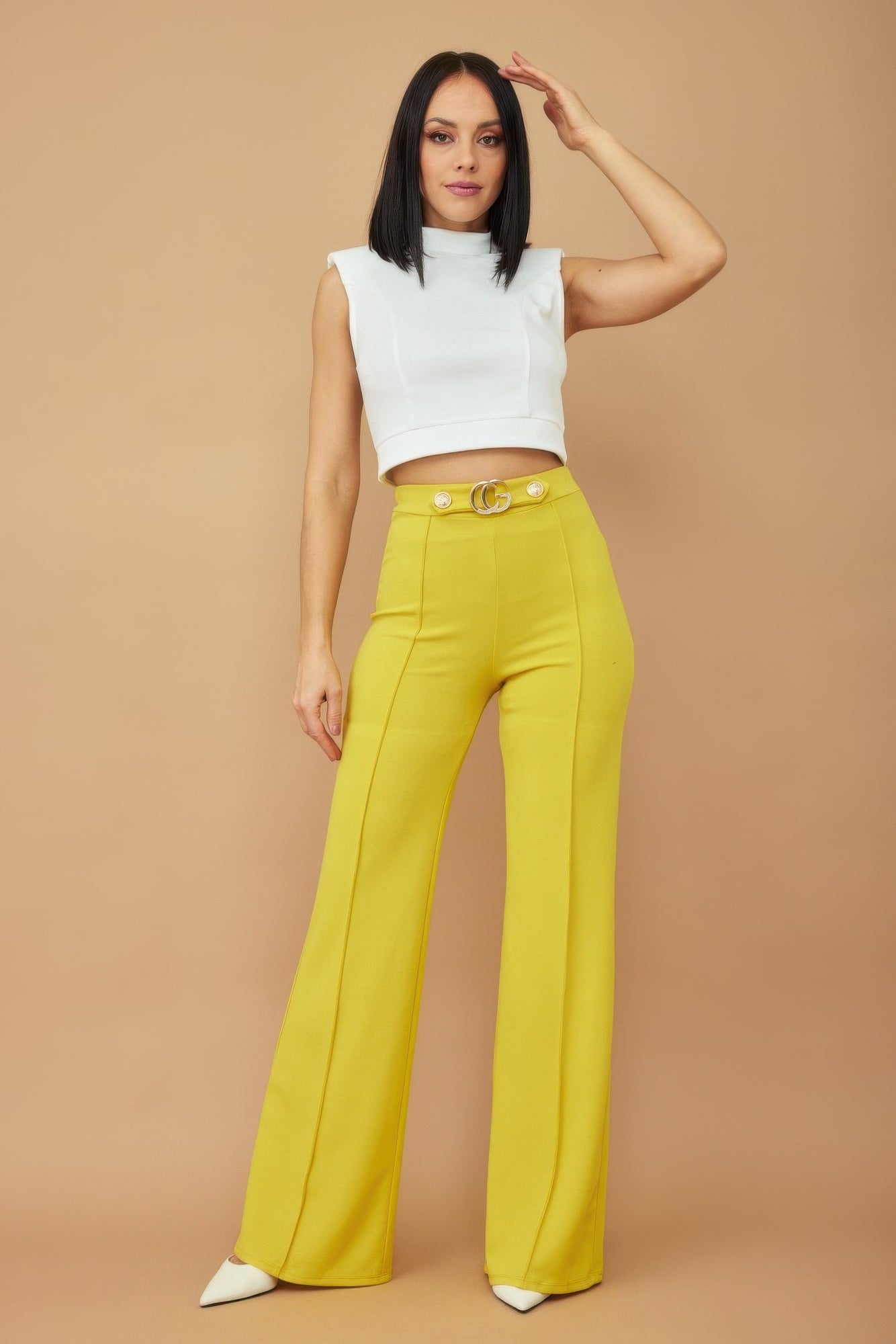 Gold Buckle And Button Detail Pants