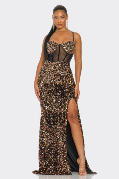 Holiday Teddy Velvet Corset Maxi Dress