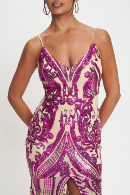 Spaghetti Strap Art Sequins Maxi Dress