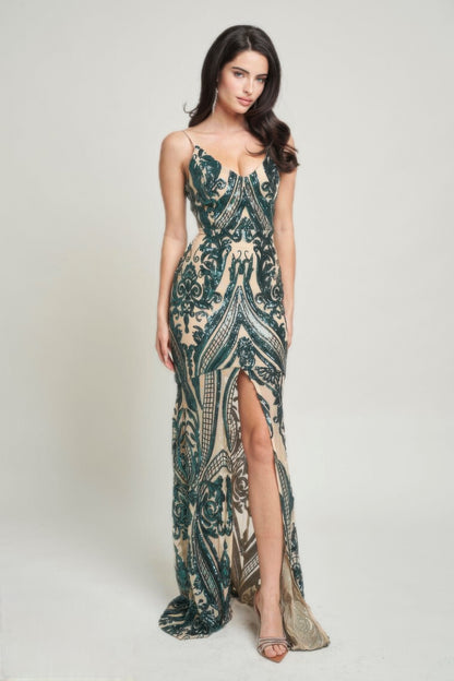 Spaghetti Strap Art Sequins Maxi Dress