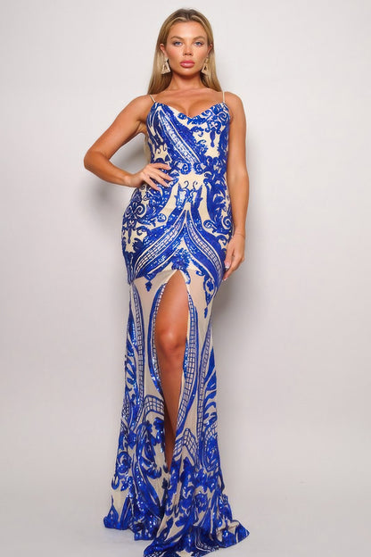Spaghetti Strap Art Sequins Maxi Dress