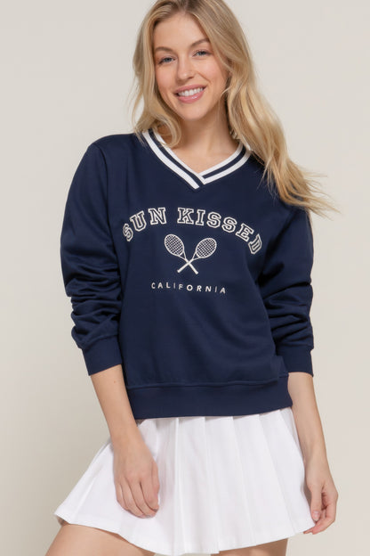 Long Sleeve V-Neck Embroidered Sweatshirt