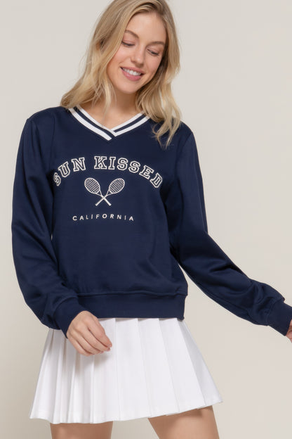 Long Sleeve V-Neck Embroidered Sweatshirt