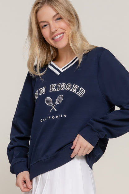 Long Sleeve V-Neck Embroidered Sweatshirt