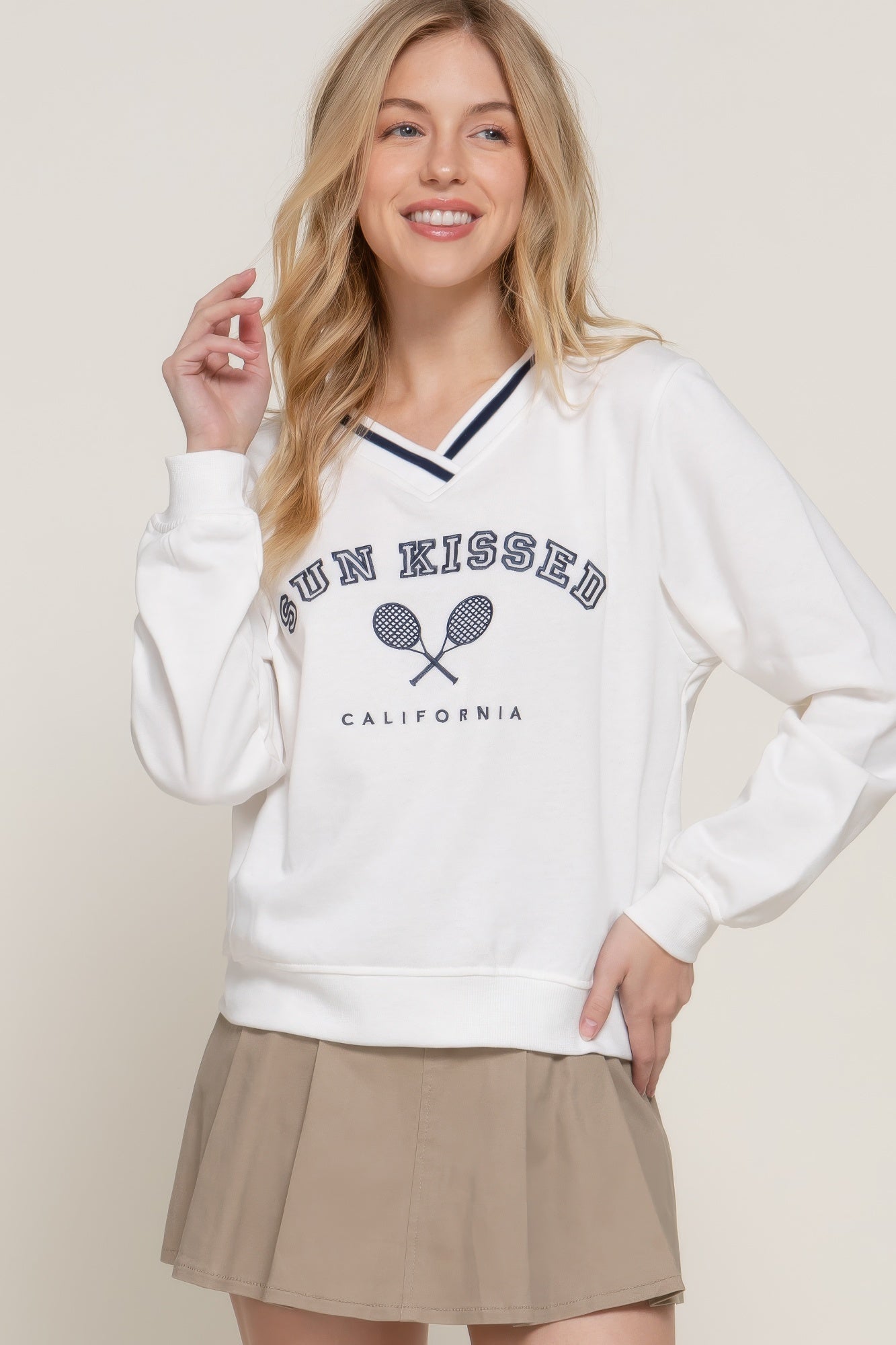 Long Sleeve V-Neck Embroidered Sweatshirt