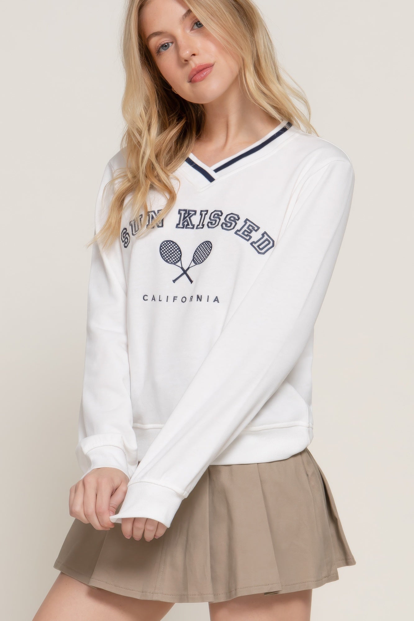 Long Sleeve V-Neck Embroidered Sweatshirt