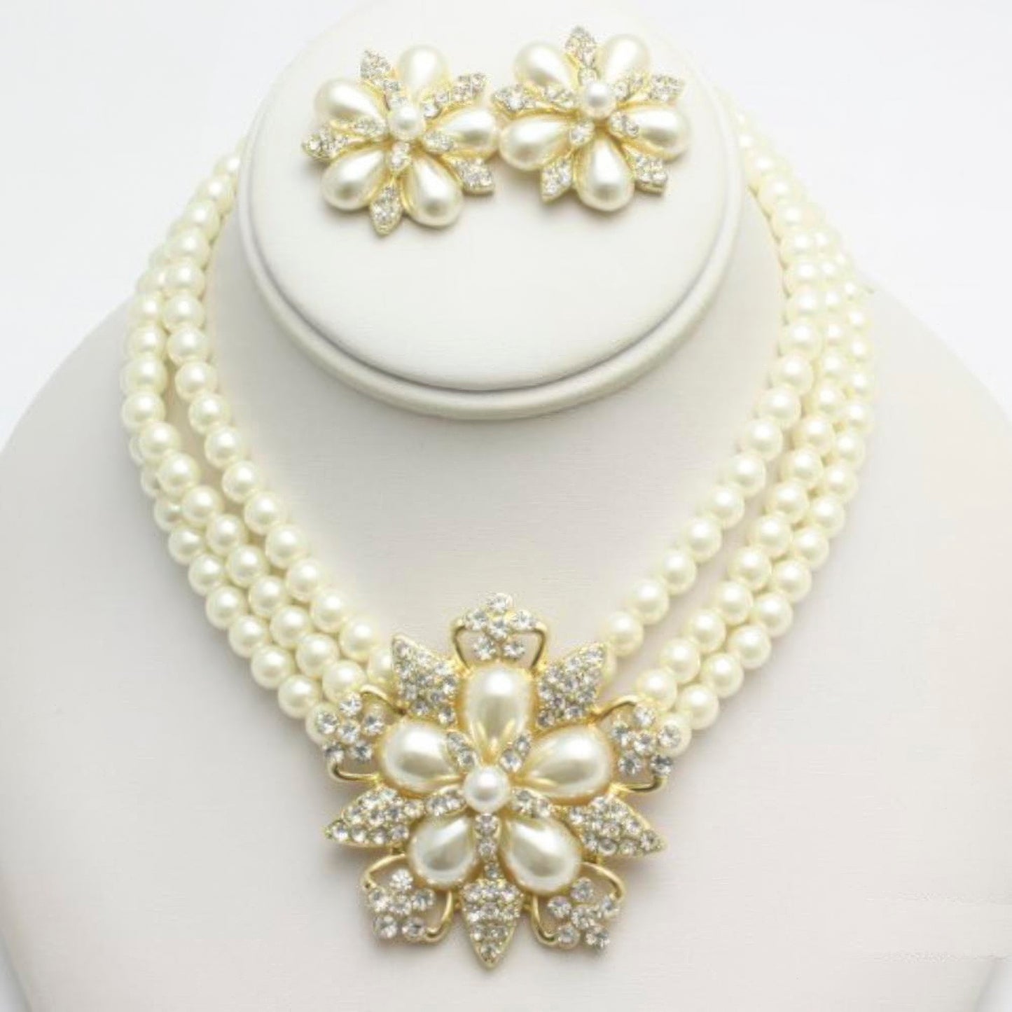 Rhinestone Pearl Flower Earring & Necklace Set