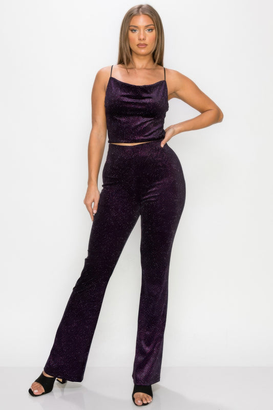 Glittery Flare High Rise Elastic Pants