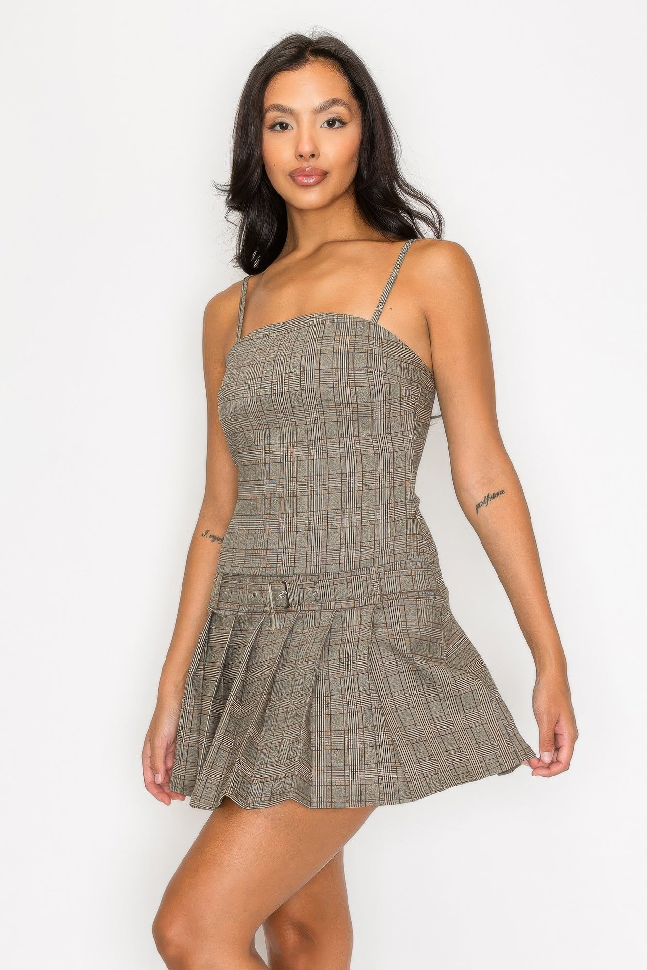 Belted Plaid Zip Up Pleated Dress