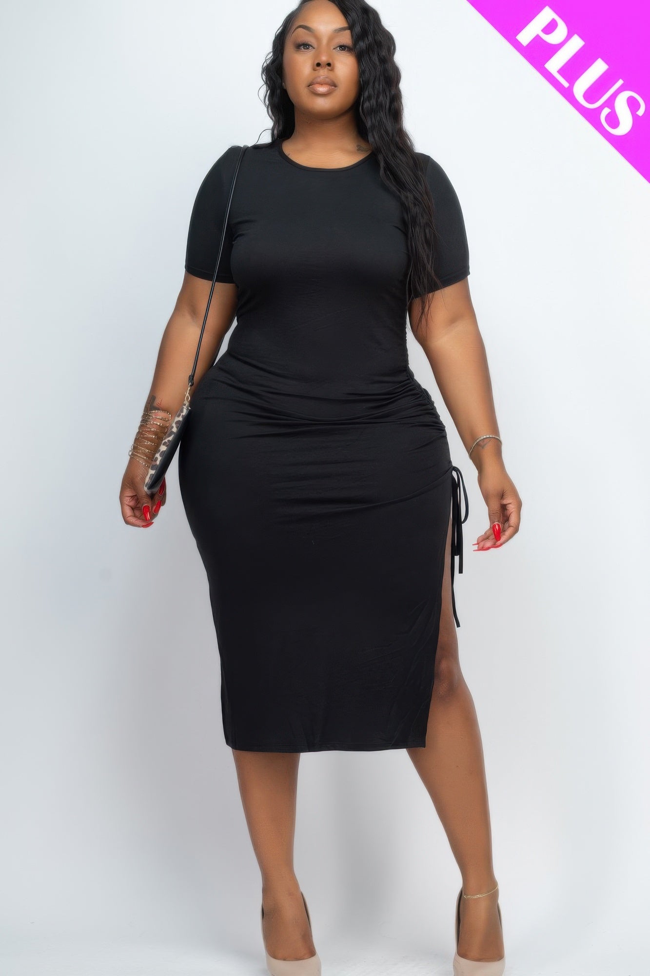 Plus Size Ruched Side Split Midi Dress