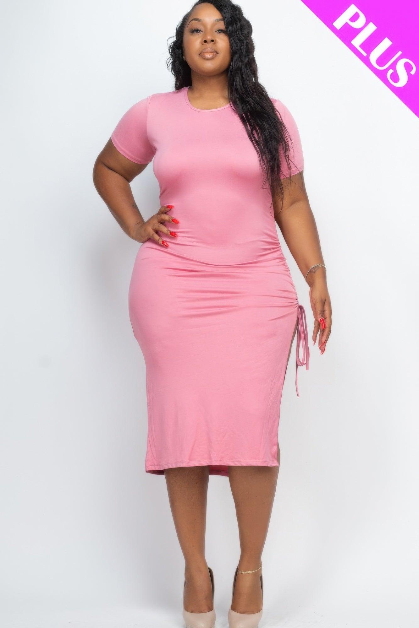 Plus Size Ruched Side Split Midi Dress