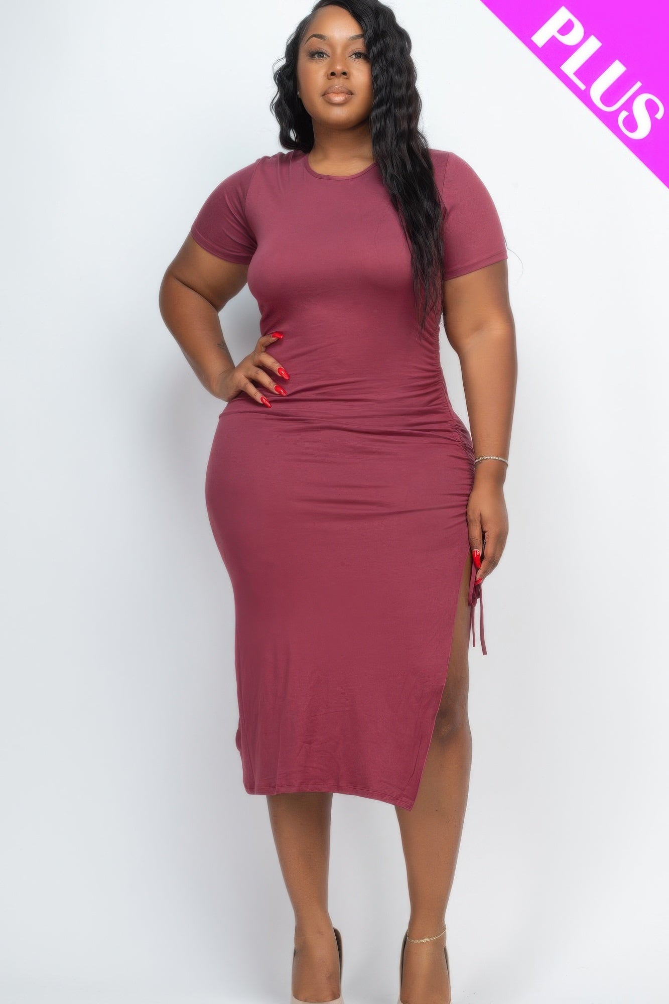 Plus Size Ruched Side Split Midi Dress