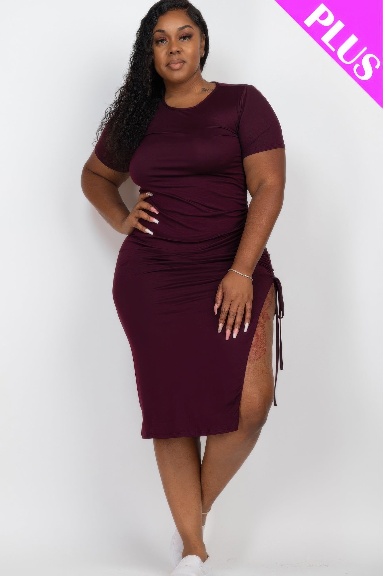 Plus Size Ruched Side Split Midi Dress