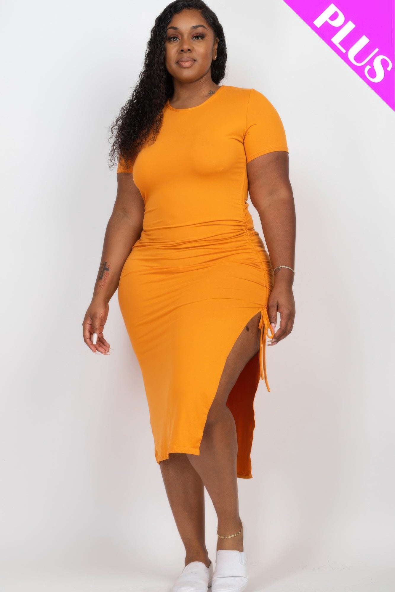 Plus Size Ruched Side Split Midi Dress