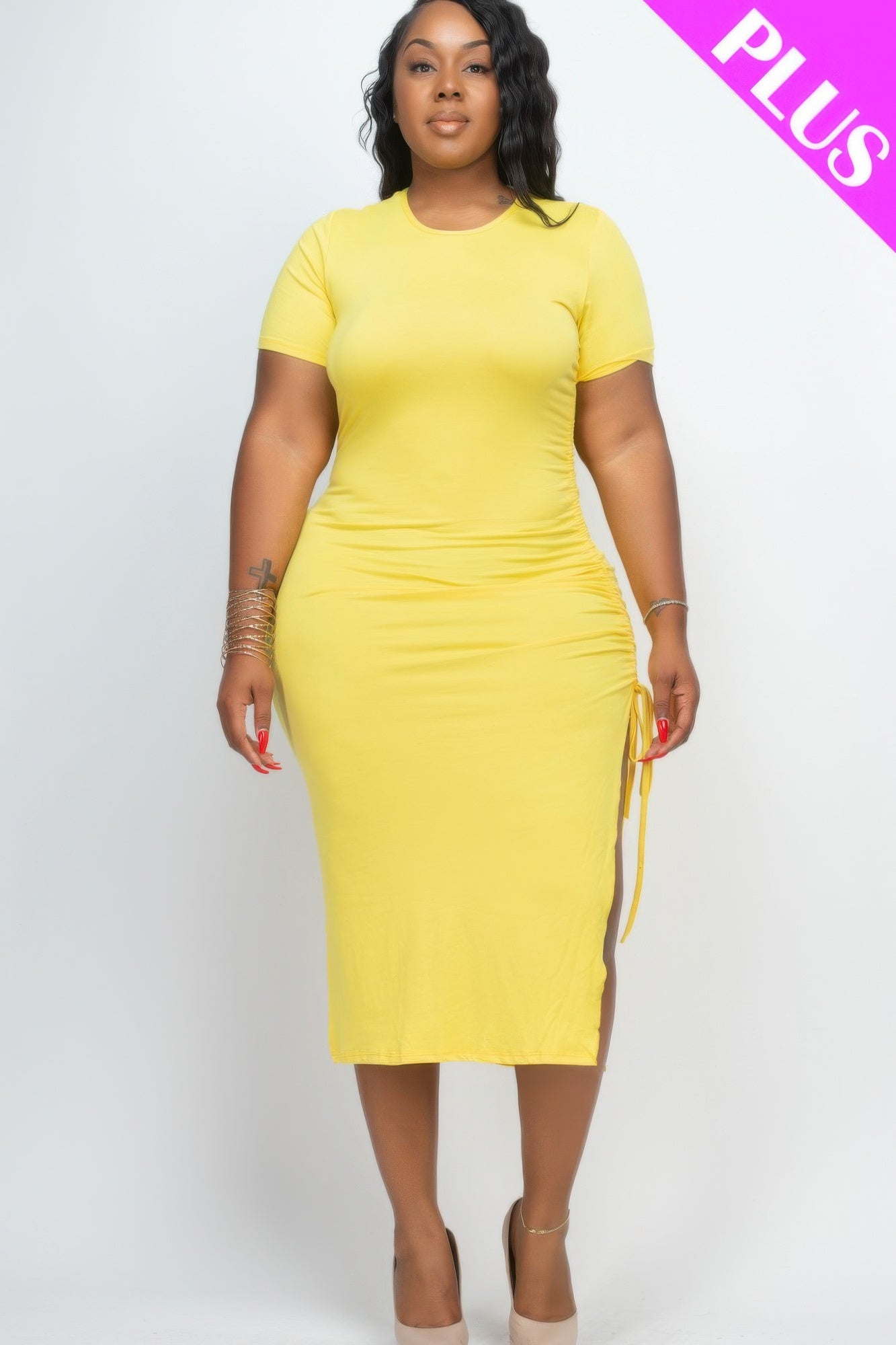 Plus Size Ruched Side Split Midi Dress