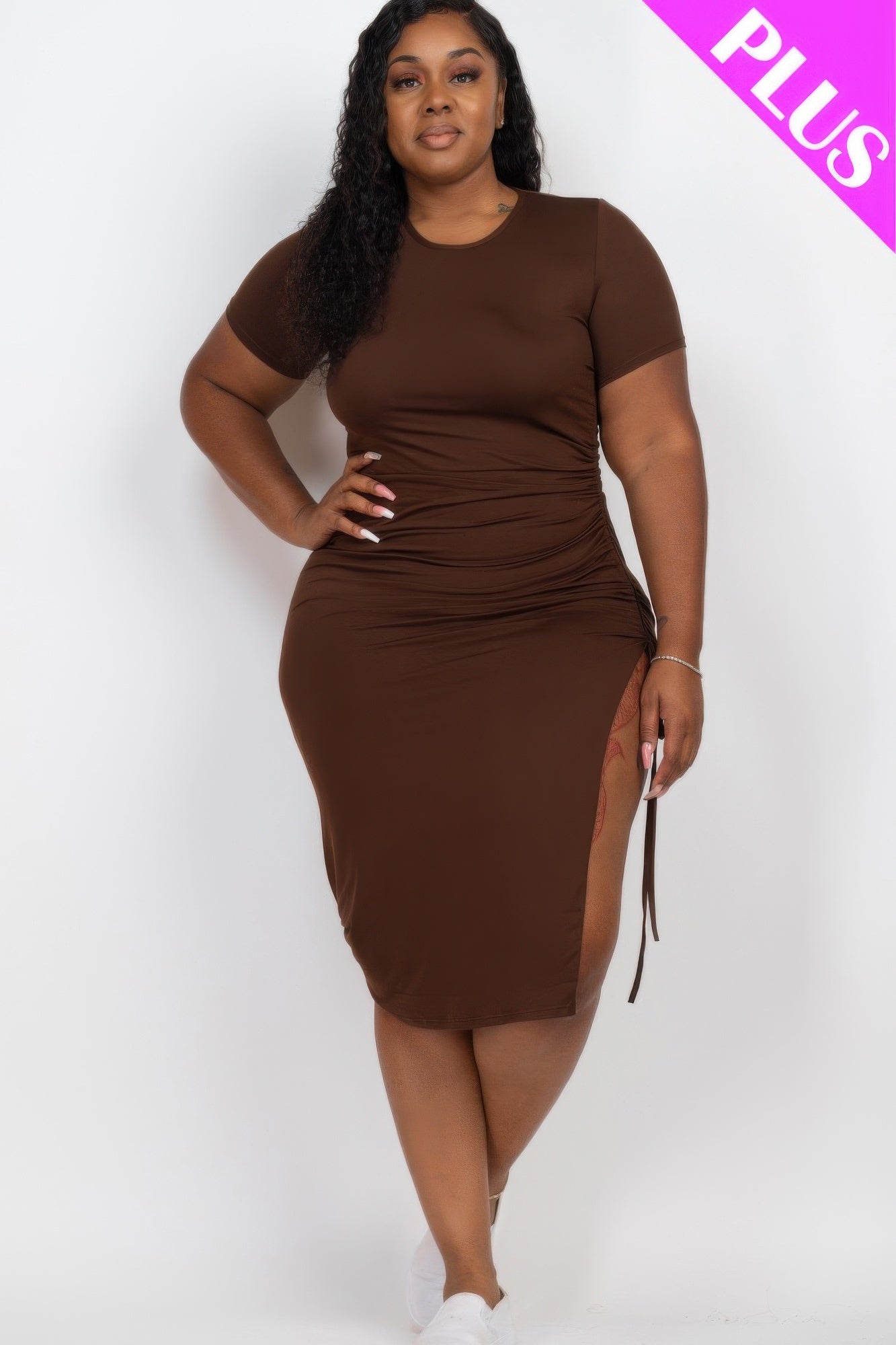 Plus Size Ruched Side Split Midi Dress