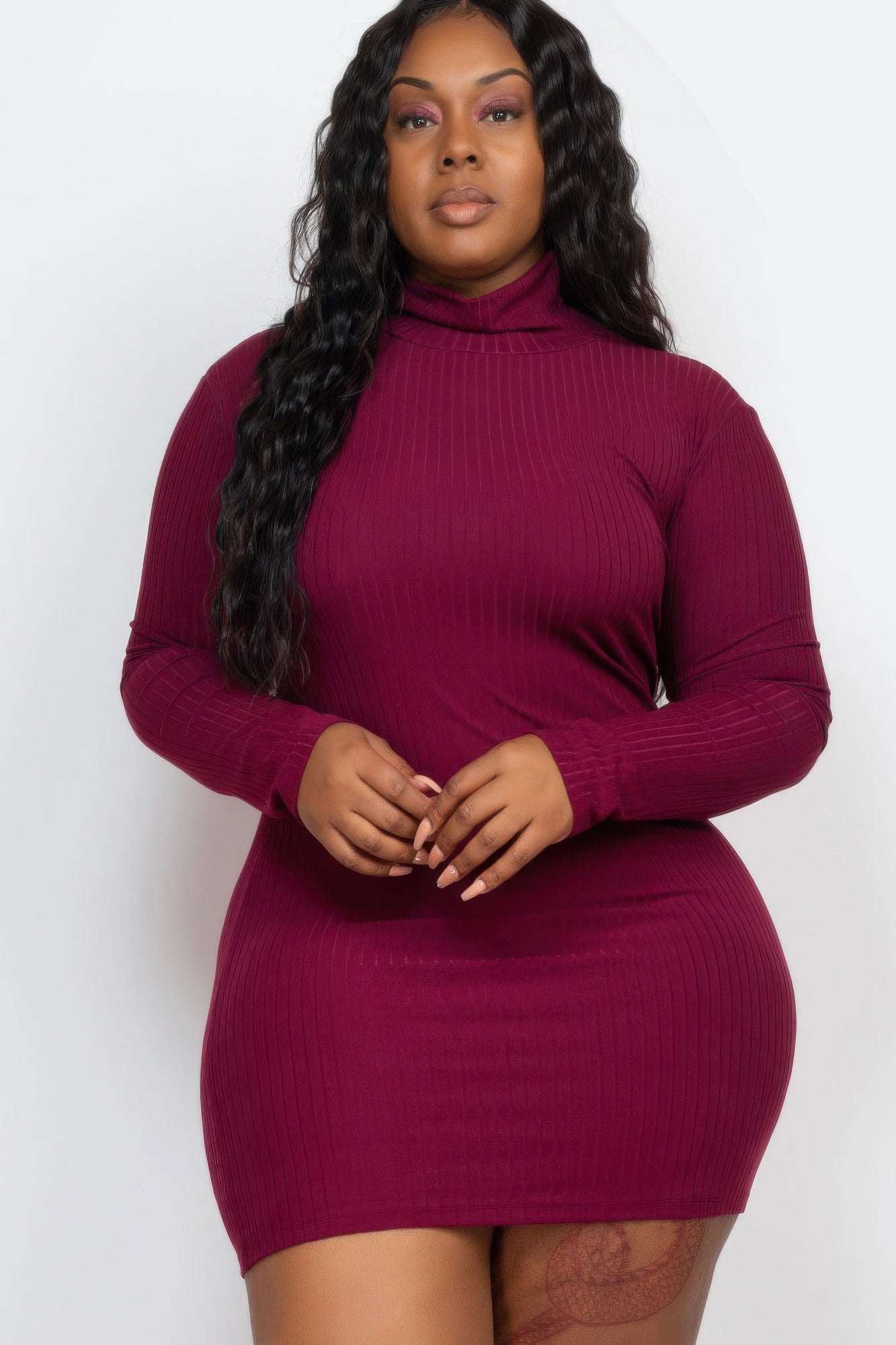 Plus Size Ribbed Long Sleeve Mock Neck Mini Bodycon Dress