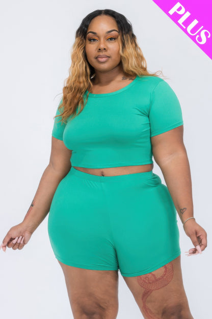 Plus Size Short Sleeve Crop Top & Shorts Set