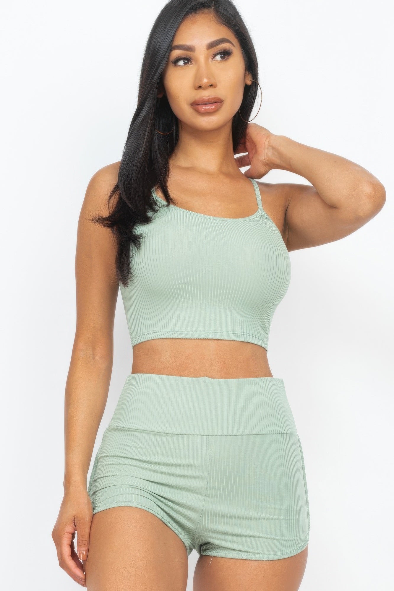 Ribbed Cami Crop Top & Ruched Shorts Set