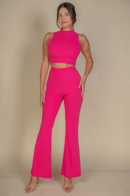 Ribbed Mock Neck Crop Tank Top & Bootcut Pants Set