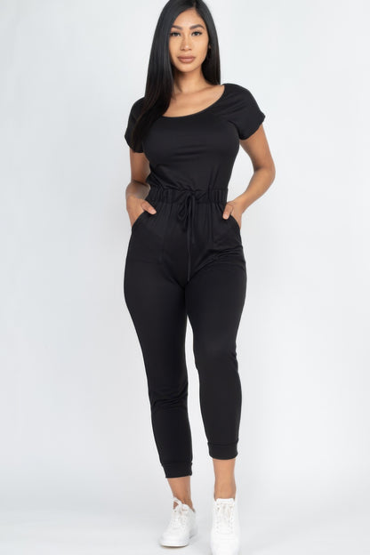 Short Sleeve Shoulder Drawstring Jumpsuit