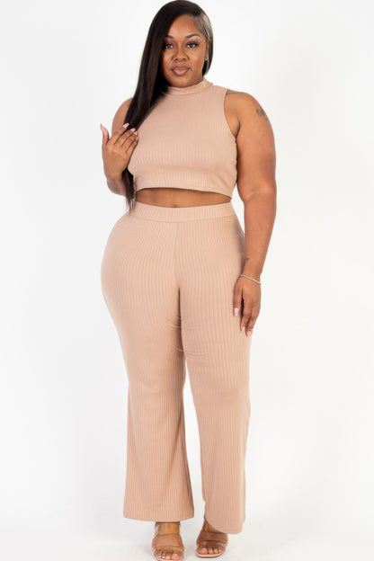 Plus Size Ribbed Crop Tank Top & Bootcut Pants Set