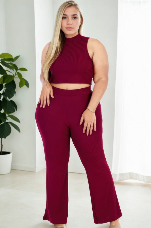 Plus Size Ribbed Crop Tank Top & Bootcut Pants Set