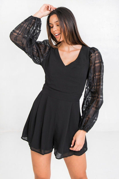 V-Neck Solid Pleated  Romper