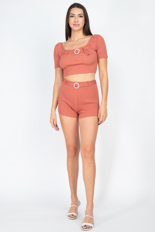 Rhinestone Belt Top & Ribbed Shorts