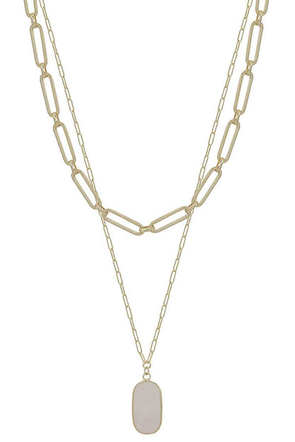 2 Layered Metal Chain Stone Pendant Necklace
