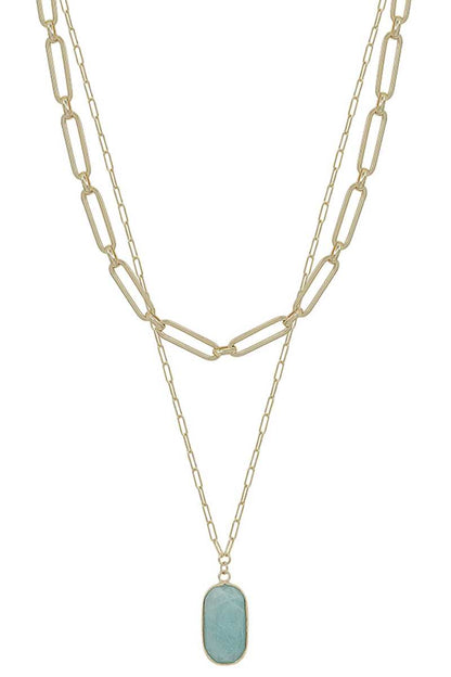 2 Layered Metal Chain Stone Pendant Necklace