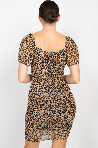 Ruched Leopard Mini Dress