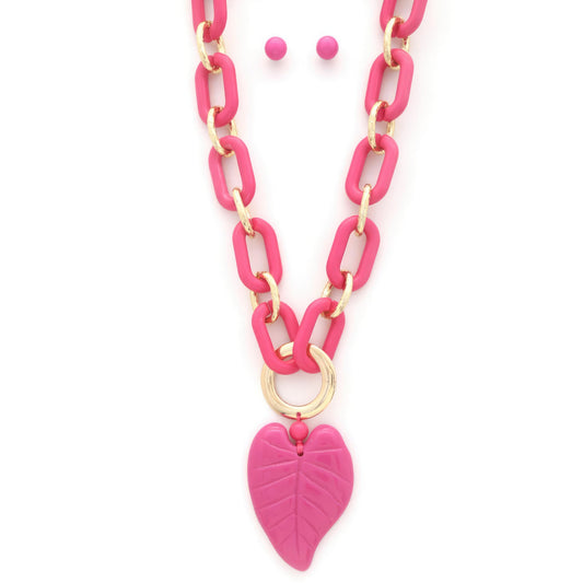 Chunky Color Acrylic Leaf Pendant Necklace Set