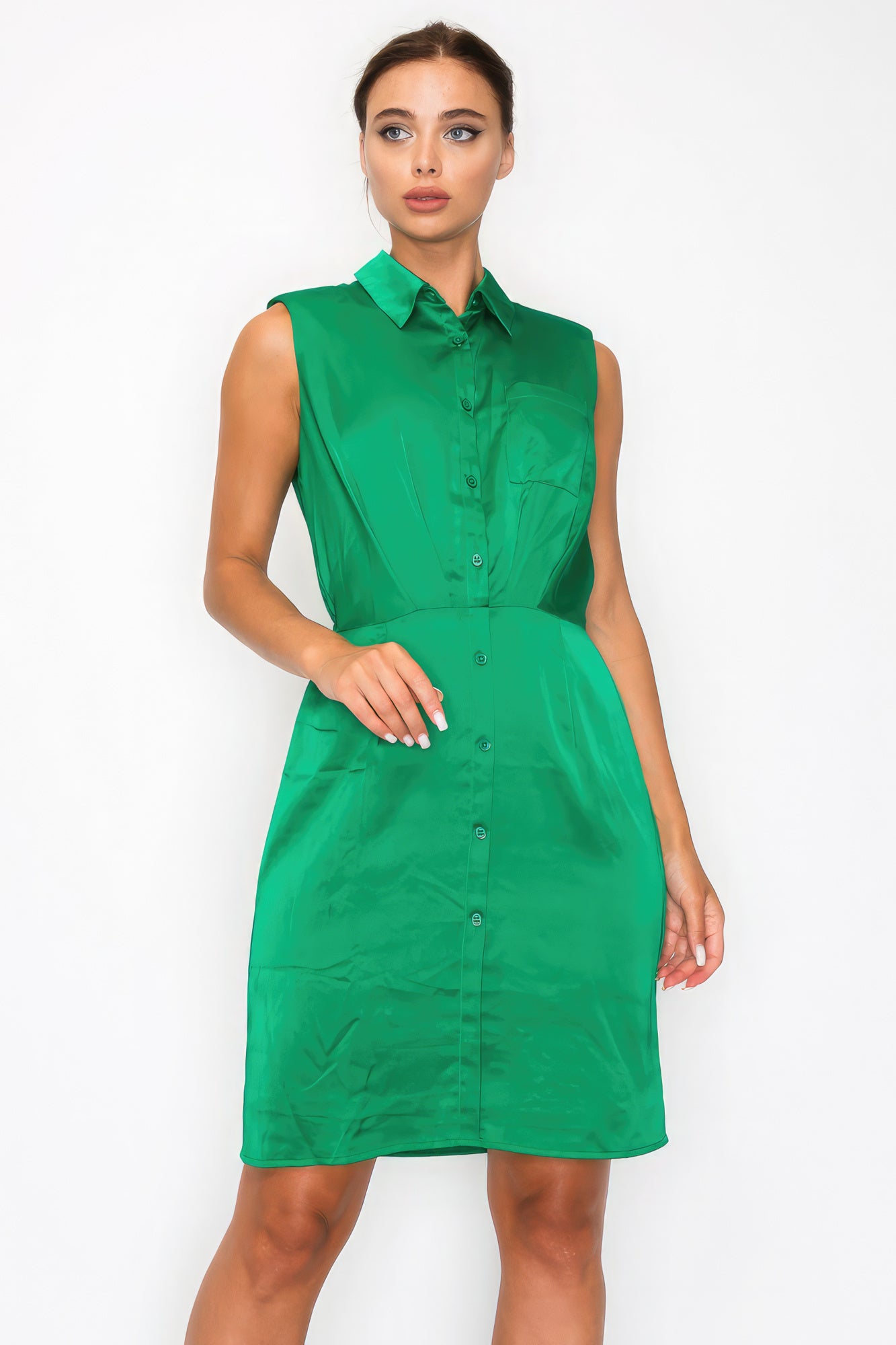 Button Pleated Shirt Dress