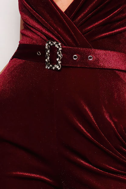 Rhinestone Belt Velvet Jumpsuit