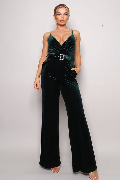 Rhinestone Belt Velvet Jumpsuit