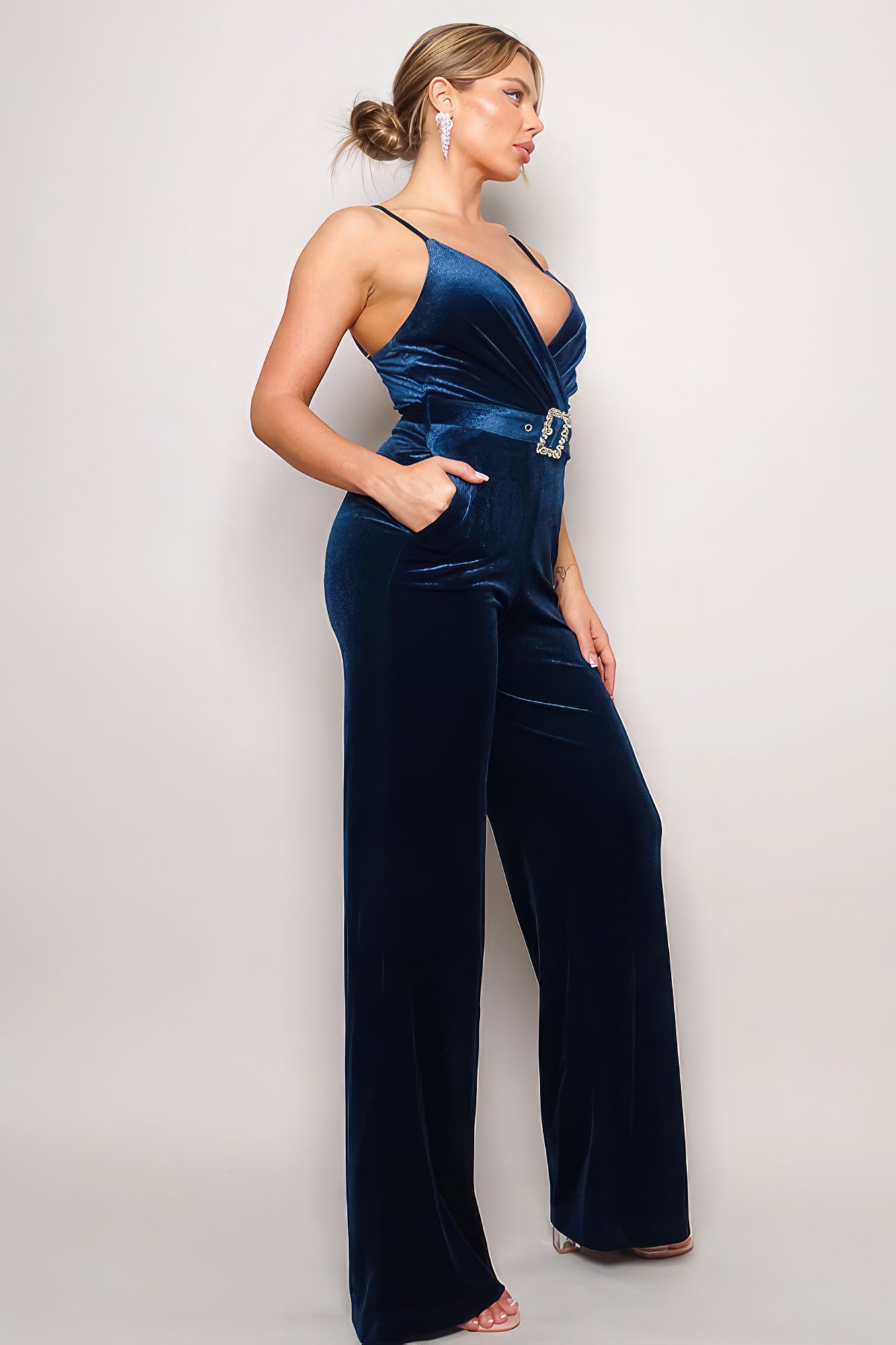 Rhinestone Belt Velvet Jumpsuit