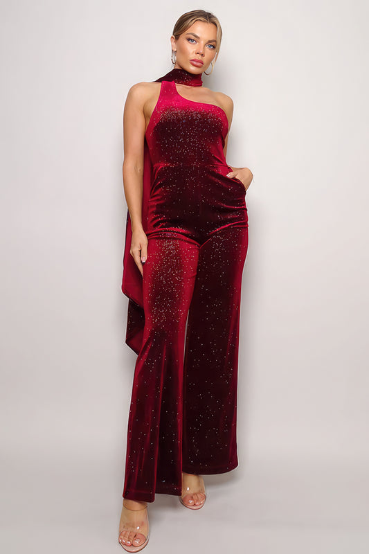 Glitter Scarf Top Velvet Jumpsuit