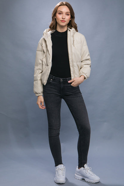 Faux Leather Hooded Puffer Jacket