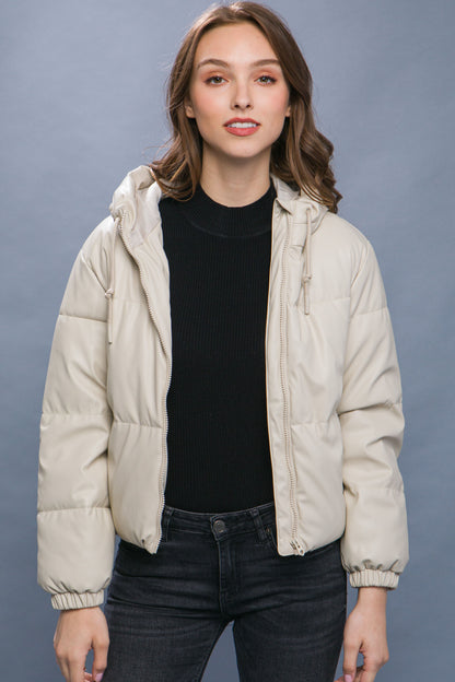 Faux Leather Hooded Puffer Jacket