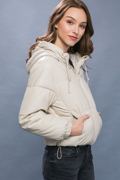 Faux Leather Hooded Puffer Jacket
