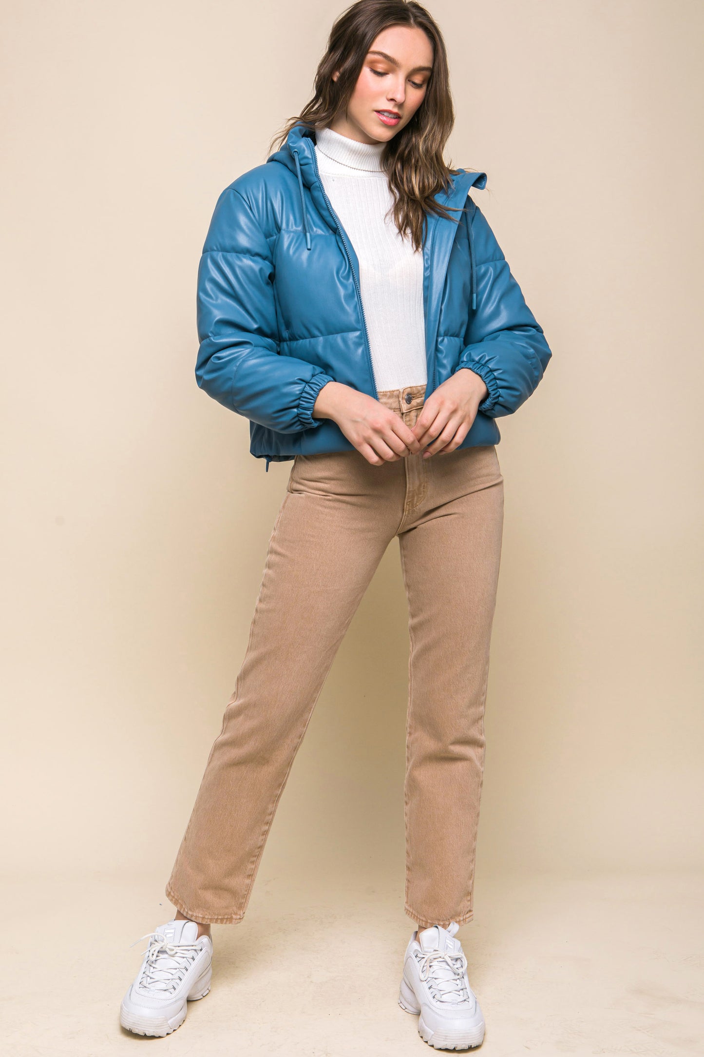 Faux Leather Hooded Puffer Jacket