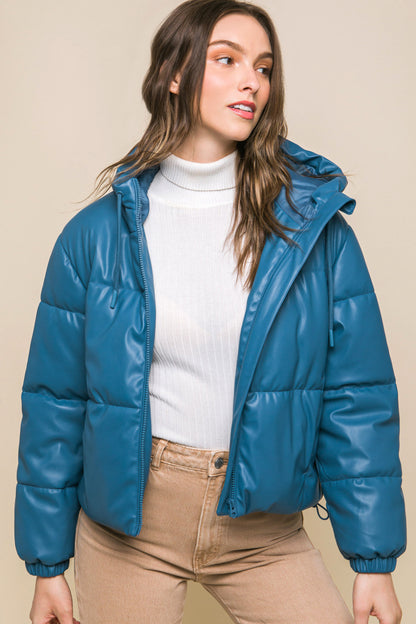 Faux Leather Hooded Puffer Jacket